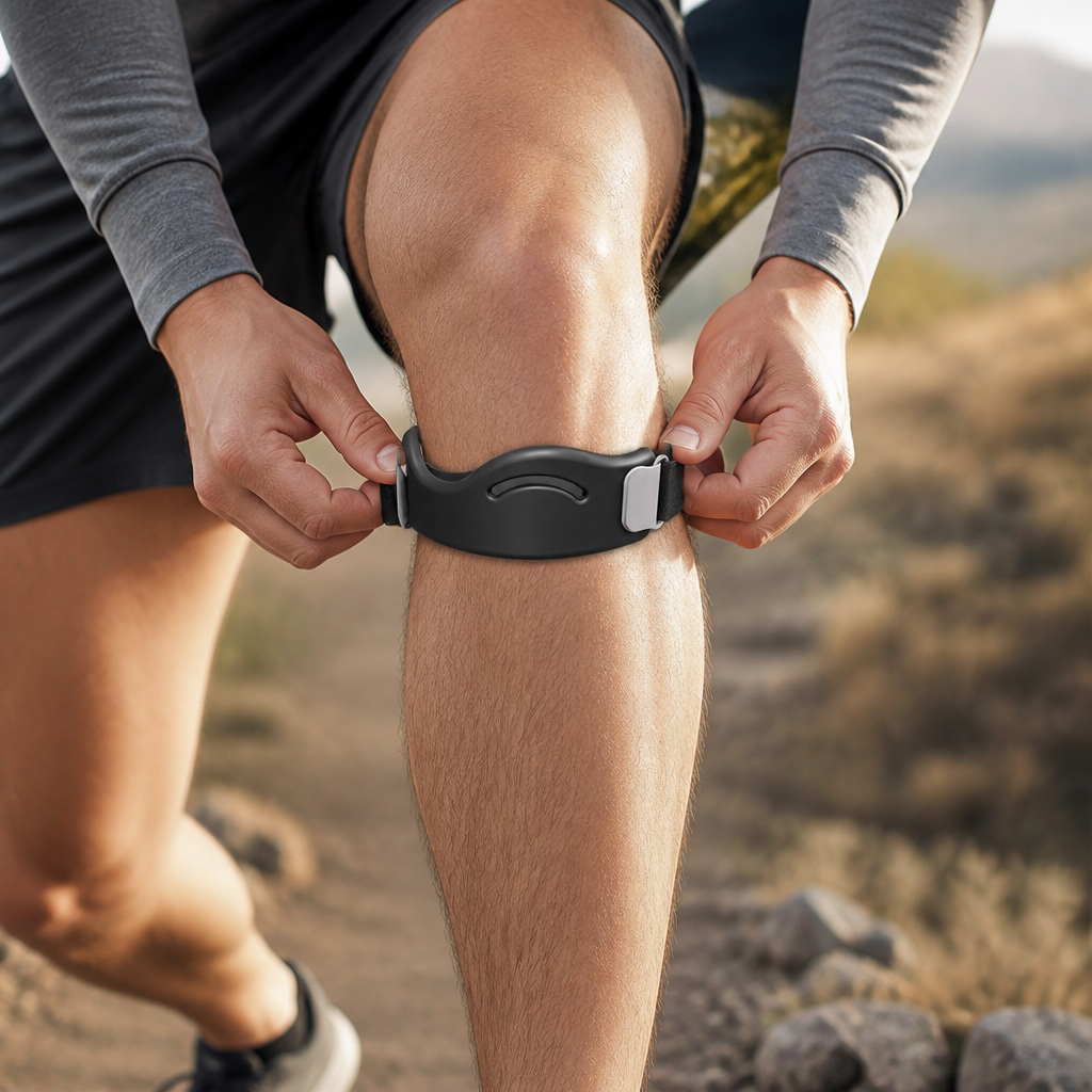 Hands tightening the buckle of a black silicone knee strap with an arched cut-out, worn on a dry outdoor trail. 7