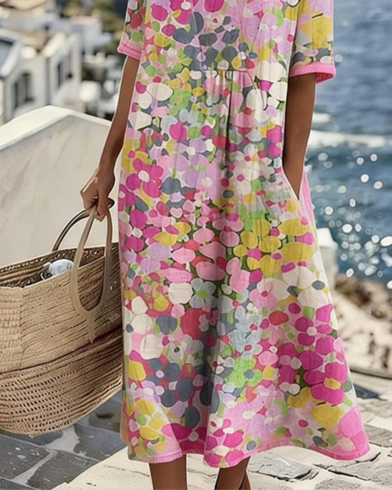 Lower-body detail of the pink floral dress showing the loose flowing skirt and side pocket 4