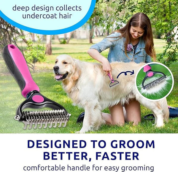 Woman grooming a large cream dog on grass with a pink rake, beside a close-up of the pink rake head. 8