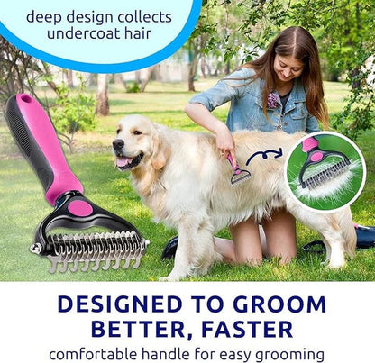 Woman grooming a large cream dog on grass with a pink rake, beside a close-up of the pink rake head. 8