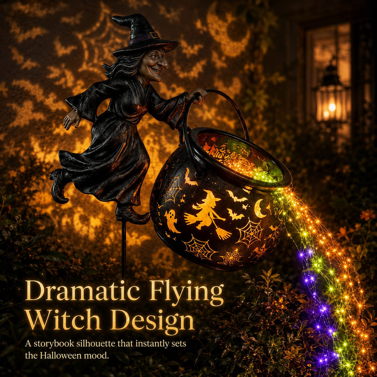 Close view of the dark witch figure on a stake gripping a tilted cauldron with cut-out Halloween symbols, lights streaming down. 2