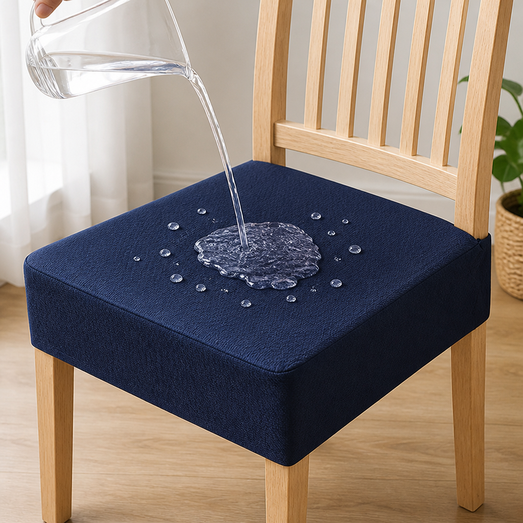 Water poured from a glass jug onto a navy blue seat cover, beading in droplets on the surface. 15