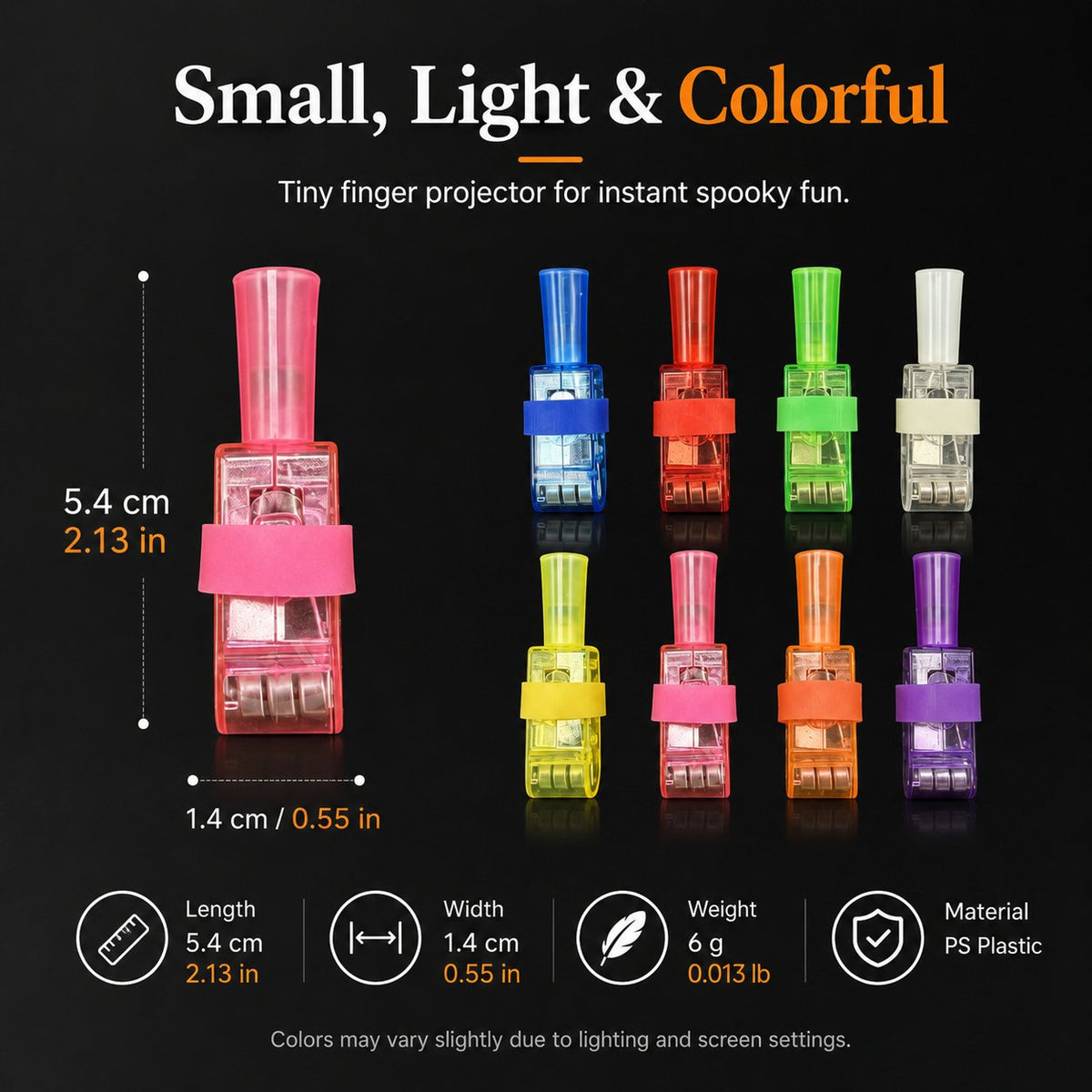 Pink finger light with size labels beside eight colour variants, plus length, width, weight and plastic material details 11