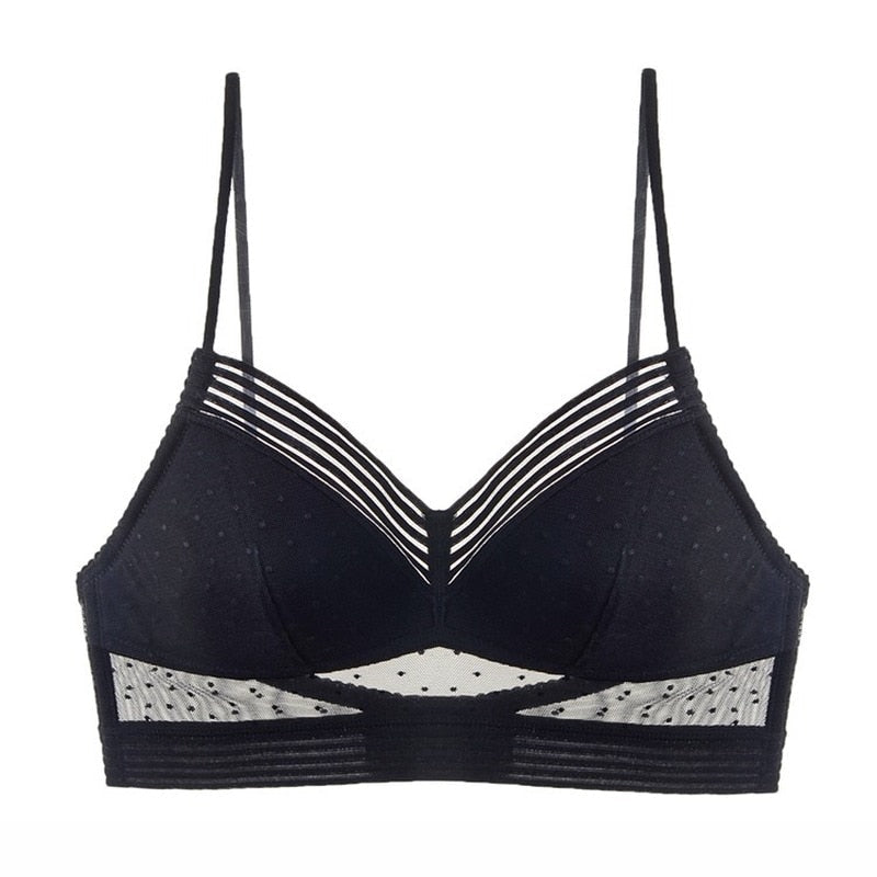 Second flat lay of the black bra, front view, with thin straps, striped V-neckline and sheer dotted mesh panels. 10
