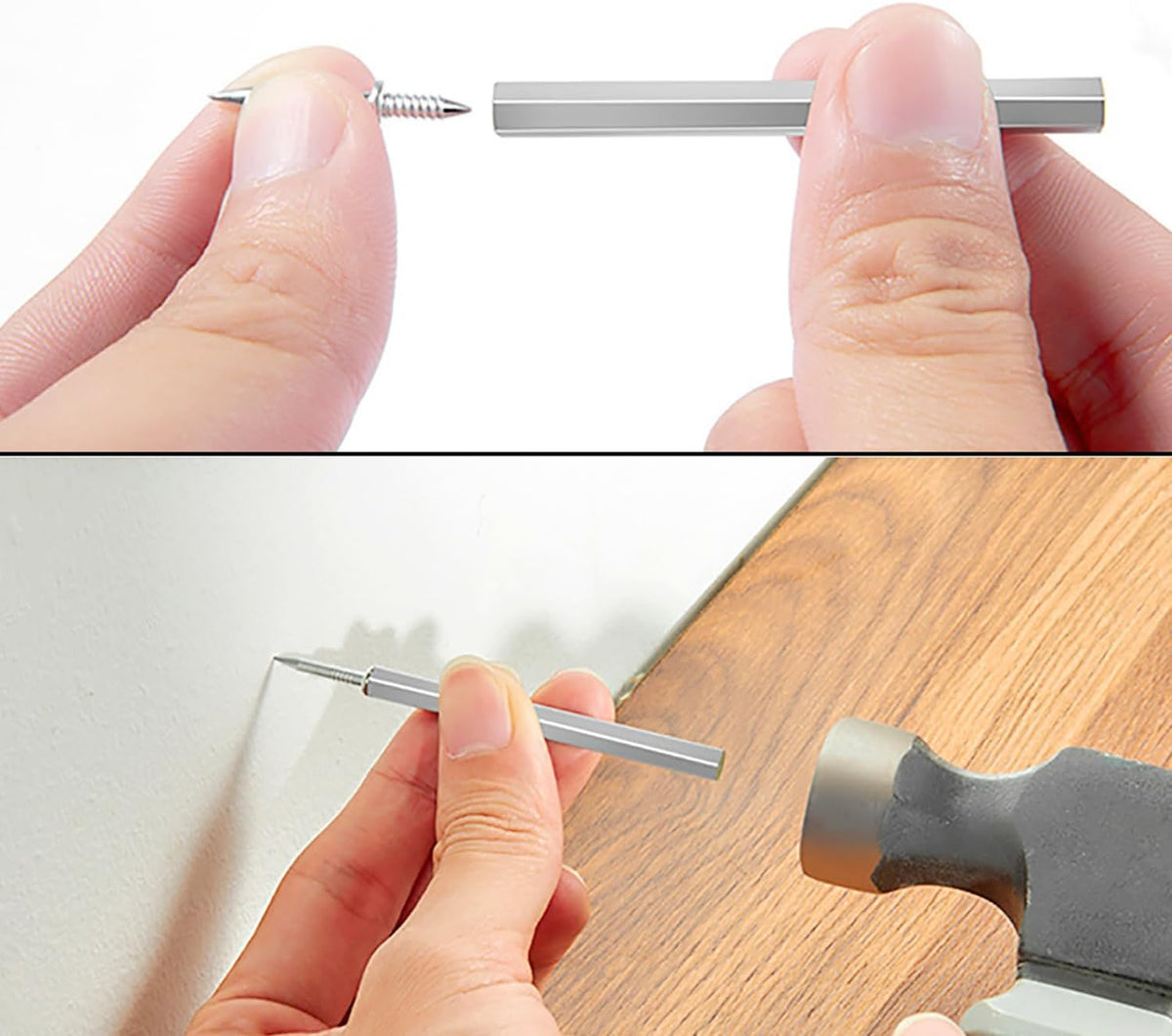 Two-part demonstration: a nail being fitted into the sleeve tool, then the tool held against a wall beside wooden trim with a hammer. 6
