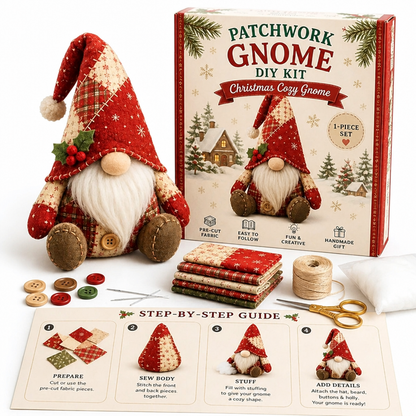 Red and cream Christmas gnome with a holly sprig and pompom hat, shown with its kit box and contents 13