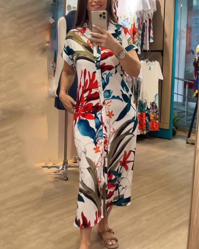 Trendy printed summer dress with shirt collar – Flora
