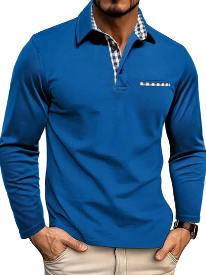 Man wearing the long sleeve polo in bright royal blue, with checked placket and contrast pocket trim 5