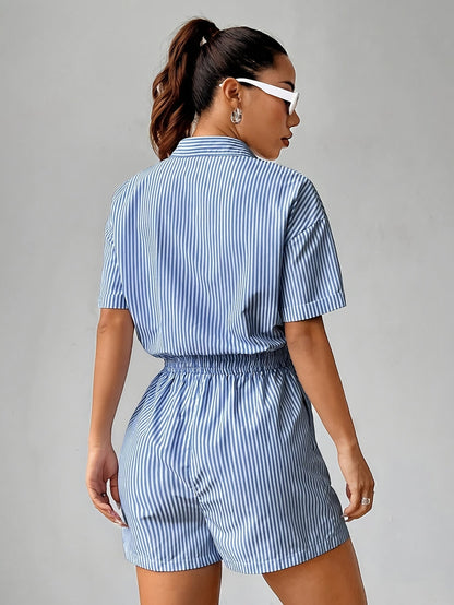 Trendy women's jumpsuit with short sleeves for summer - StripeFresh