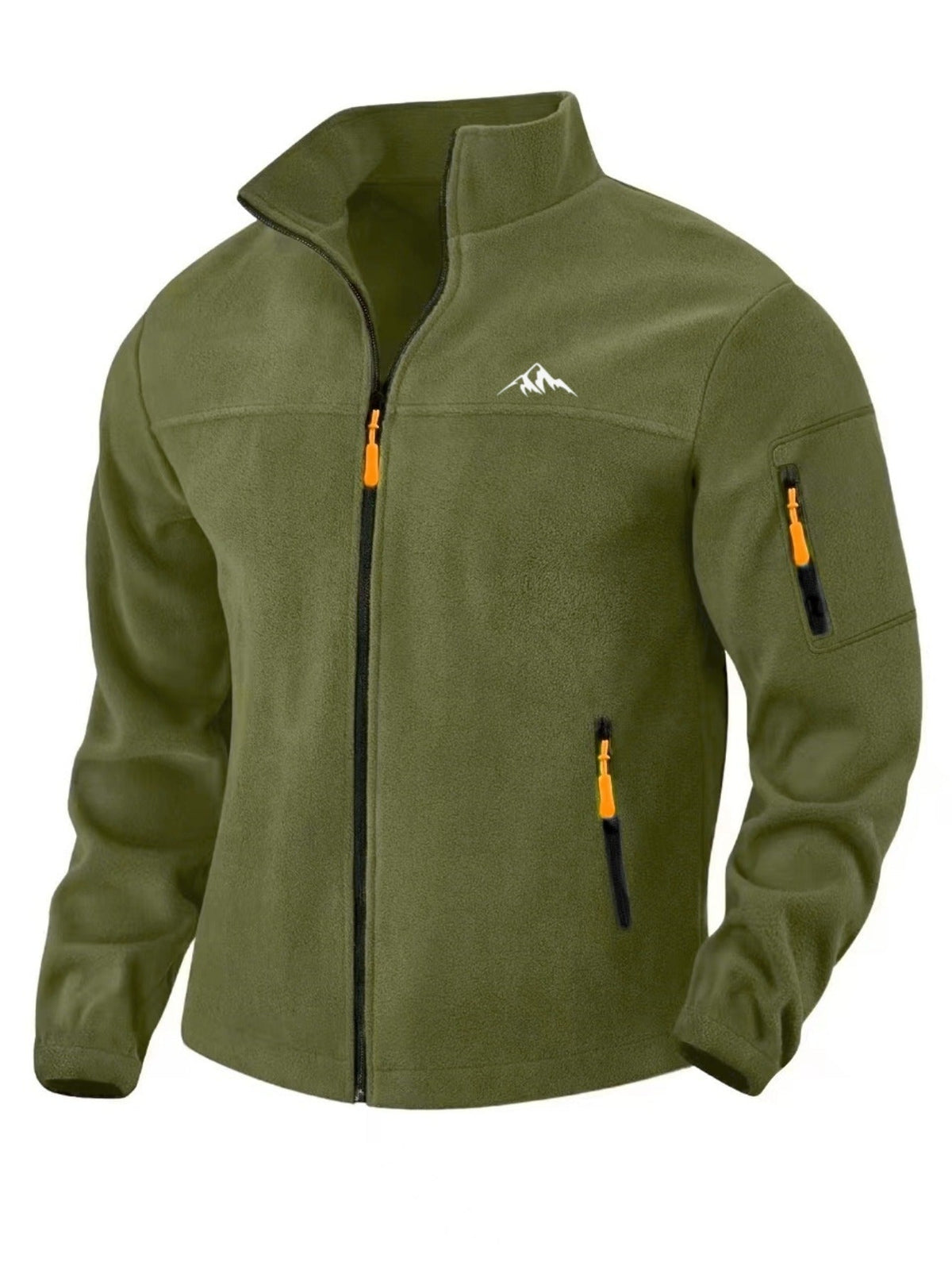 Front view of the olive green fleece jacket with full zip, stand collar, orange zip pulls and a zipped pocket on the sleeve. 4