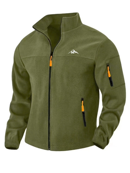 Front view of the olive green fleece jacket with full zip, stand collar, orange zip pulls and a zipped pocket on the sleeve. 4