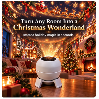 Projector on a wooden table beams a Christmas scene of Santa, reindeer and snowy houses over walls and ceiling in a festive lounge. 2