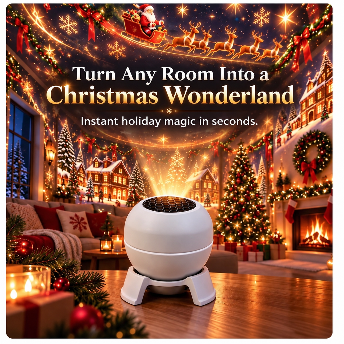 White round projector on a table, its beams filling the walls and ceiling with a festive Christmas village scene 2