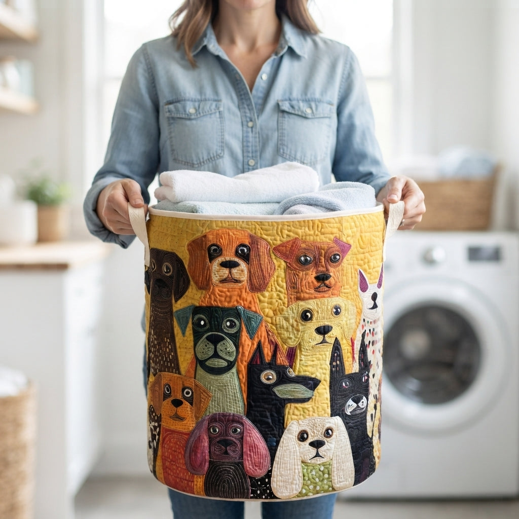 Person in a denim shirt carrying the dog-patterned basket by its cream handles, filled with folded white and pale blue towels. 4