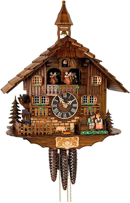 Dark wooden chalet cuckoo clock with a bell tower, dancing couples on the balcony, a courting pair on a bench and a pig. 9