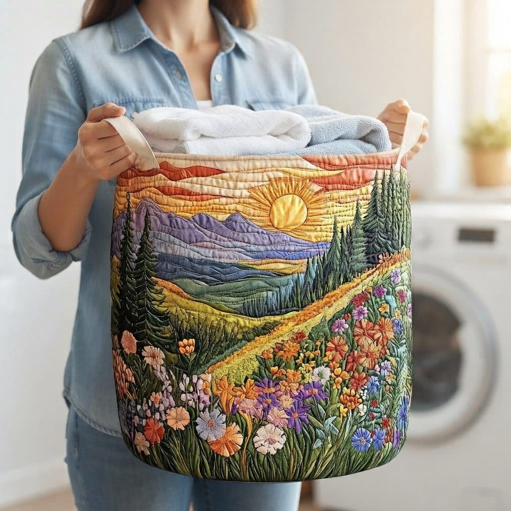 A woman in a denim shirt carries the basket by its handles, filled with folded white and blue towels. 3
