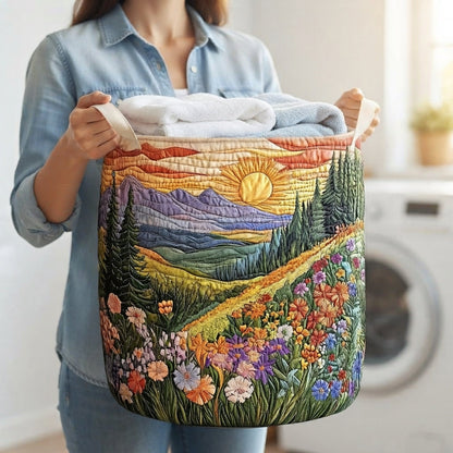 A woman in a denim shirt carries the basket by its handles, filled with folded white and blue towels. 3