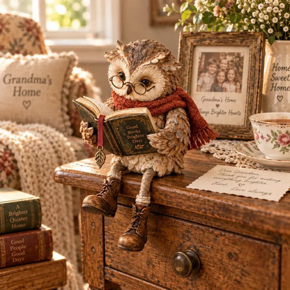 Owl figurine on an antique wooden chest with a framed family photo, floral teacup and handwritten note in a nostalgic grandmother's setting. 8