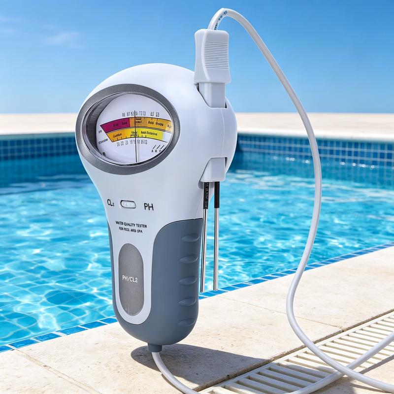 Tester angled to show the probe docked in a holder on the side of the casing, standing beside a pool. 4