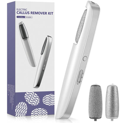 White cordless callus remover standing beside its purple and white retail box, with two spare grey abrasive roller heads in front. 1