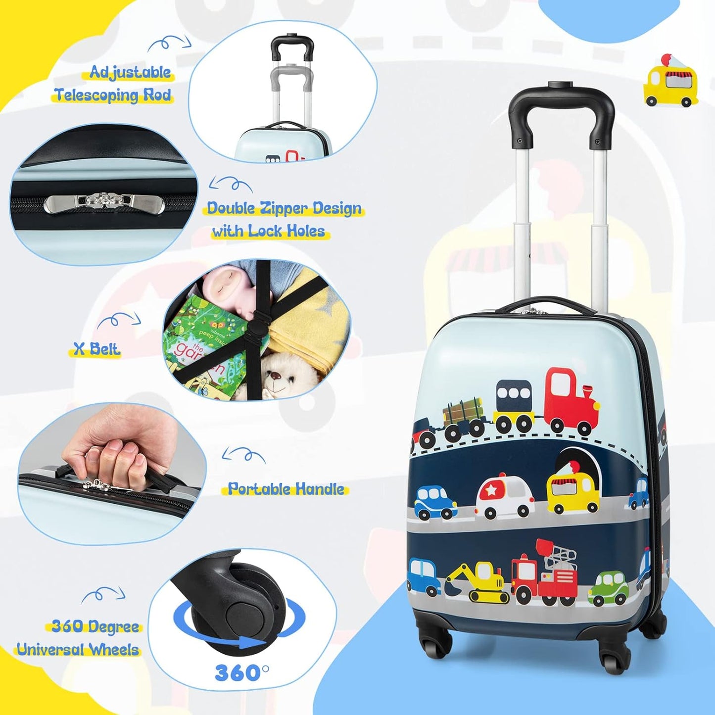 Children's 2-piece hard-shell luggage set and backpack with 360° wheels – Helicopter