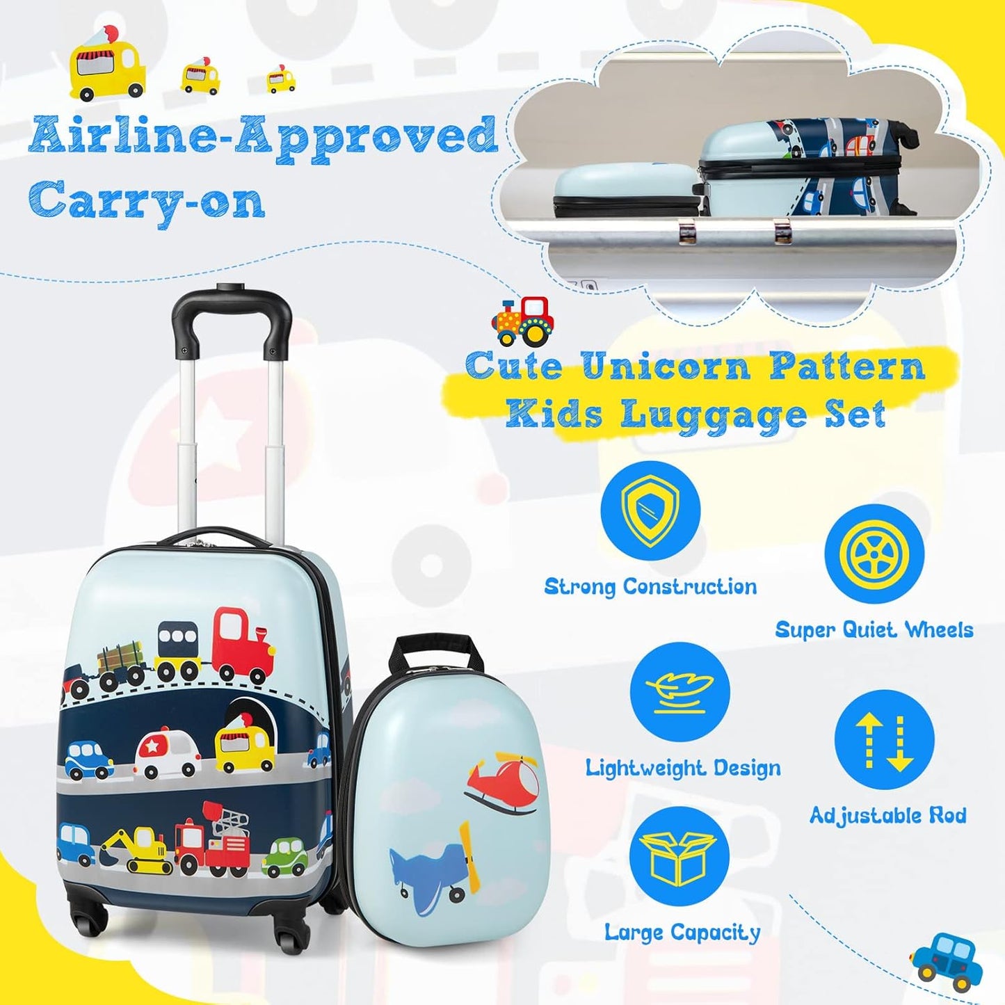 Children's 2-piece hard-shell luggage set and backpack with 360° wheels – Helicopter