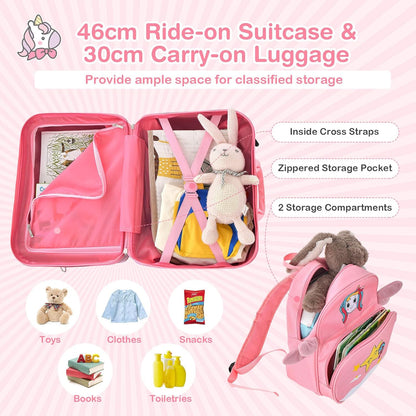Children's 2-piece ride-on suitcase and travel backpack set with spinner wheels