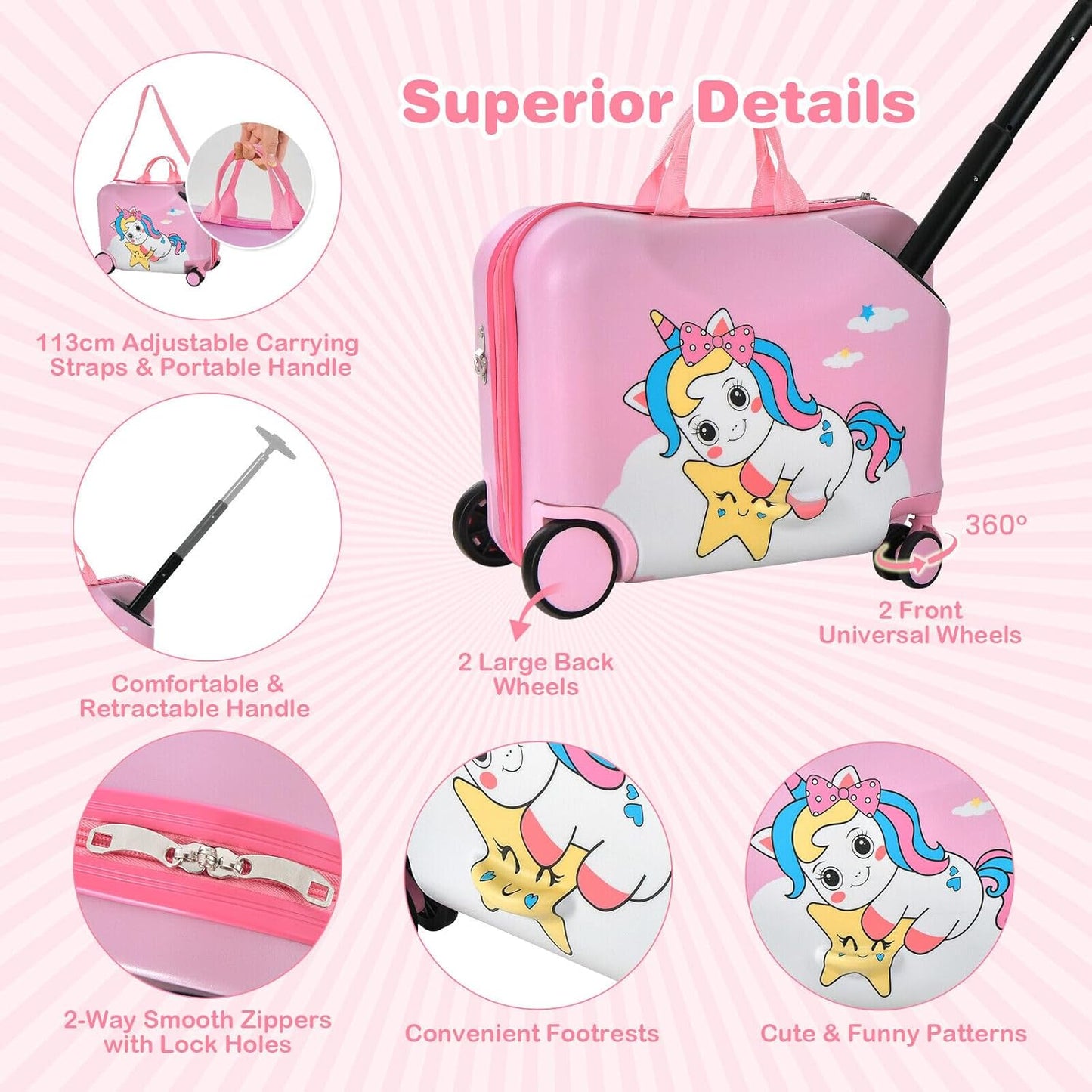 Children's 2-piece ride-on suitcase and travel backpack set with spinner wheels