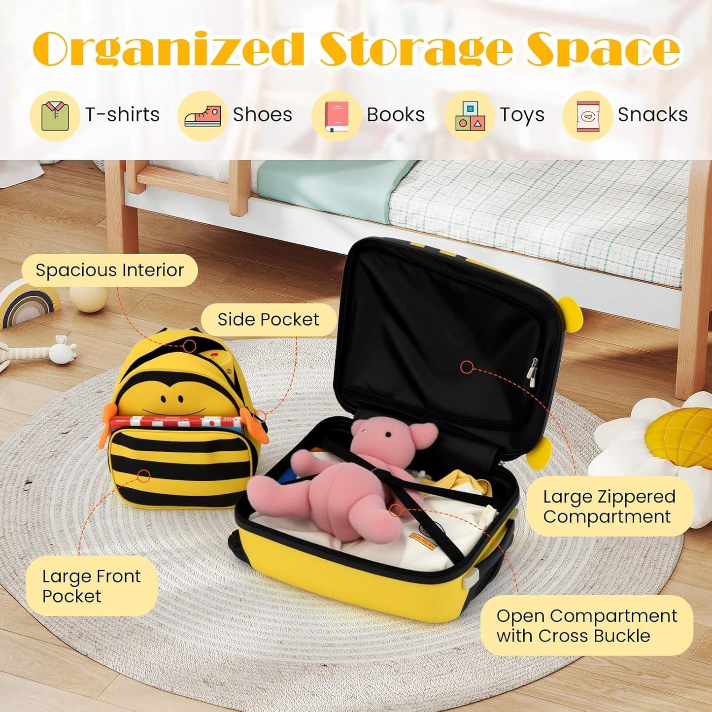 Children's 2-piece ride-on suitcase and travel backpack set with spinner wheels