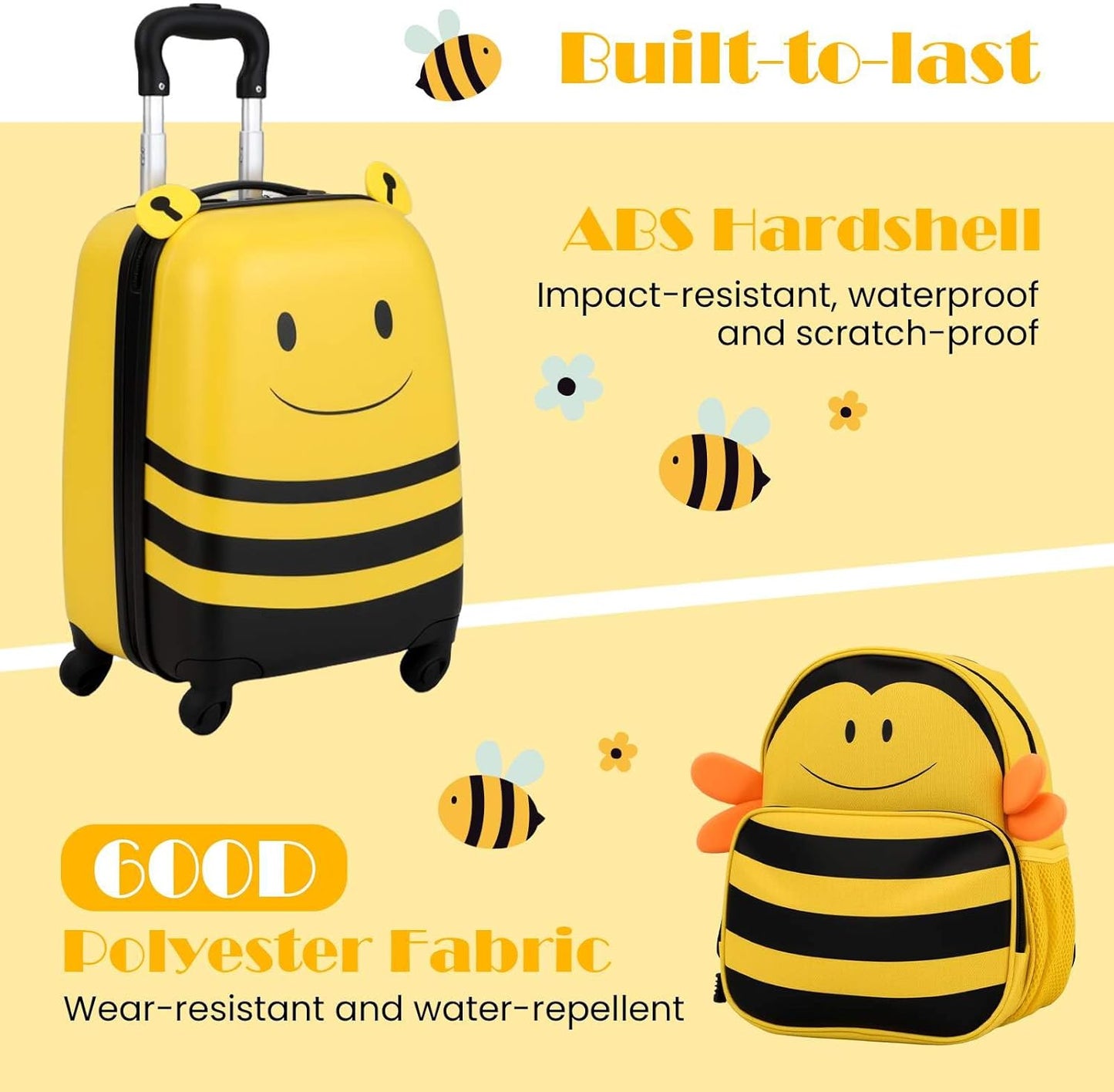 Children's 2-piece ride-on suitcase and travel backpack set with spinner wheels