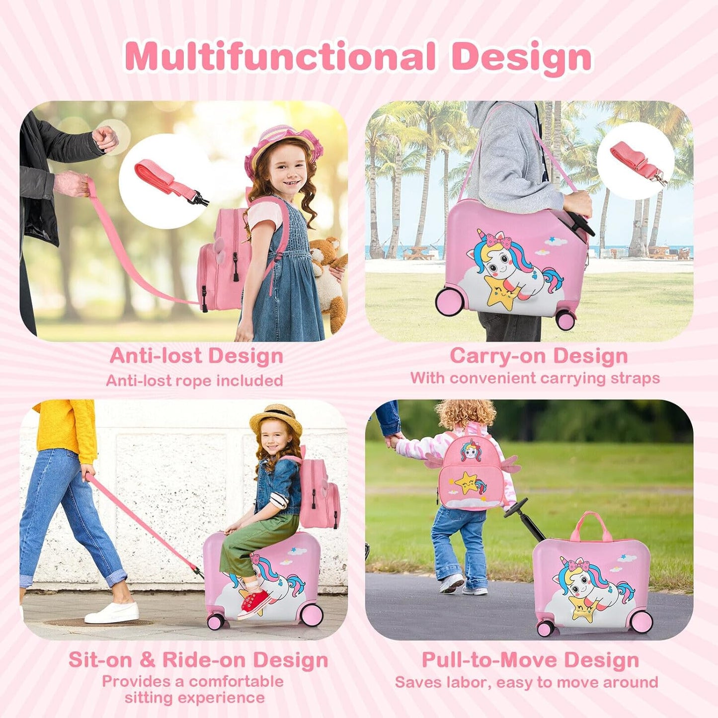 Children's 2-piece ride-on suitcase and travel backpack set with spinner wheels