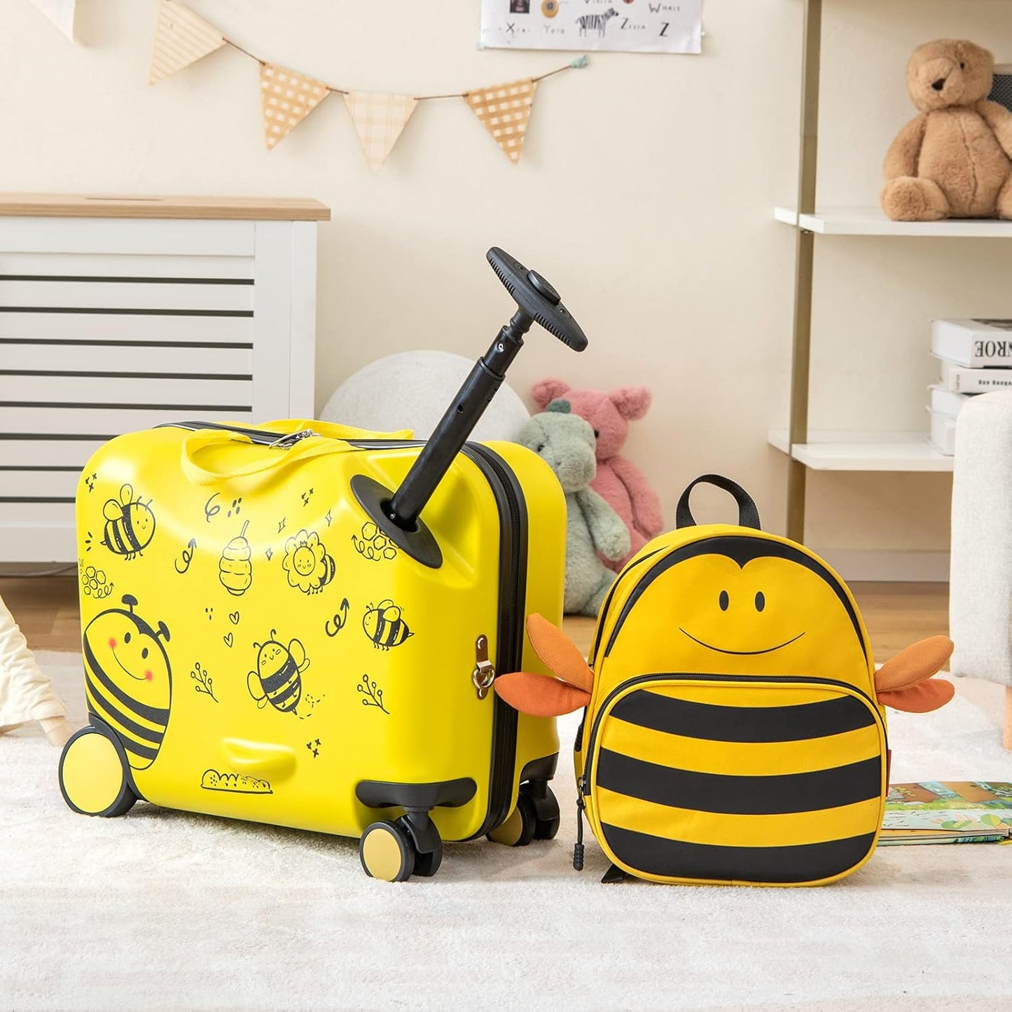 Children's 2-piece ride-on suitcase and travel backpack set with spinner wheels