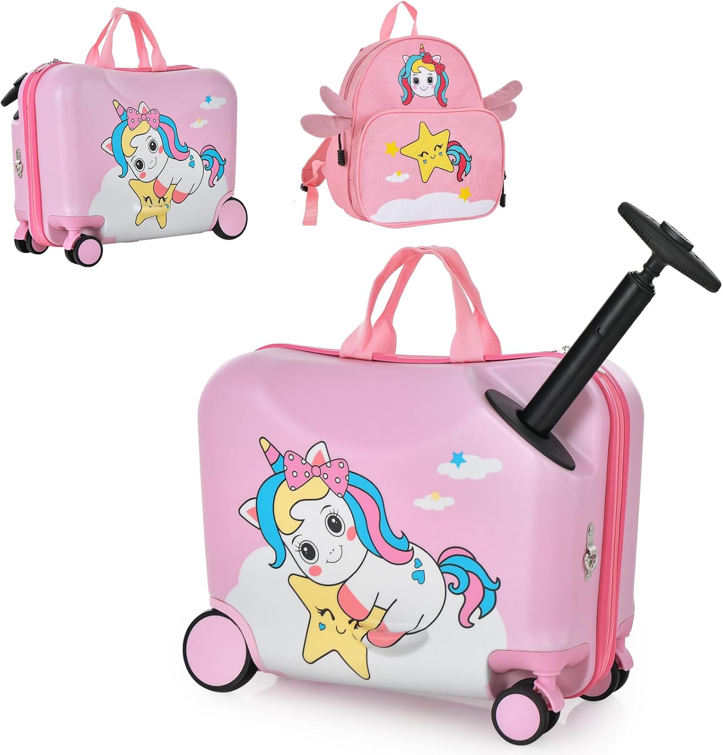 Children's 2-piece ride-on suitcase and travel backpack set with spinner wheels