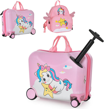 Children's 2-piece ride-on suitcase and travel backpack set with spinner wheels