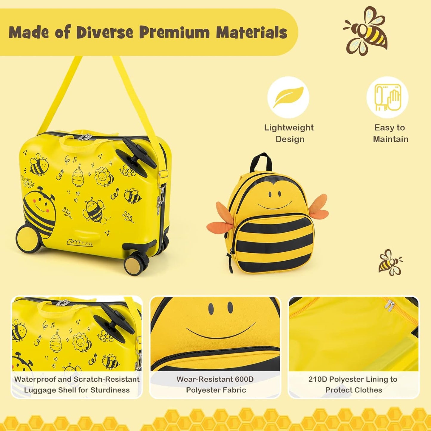 Children's 2-piece ride-on suitcase and travel backpack set with spinner wheels