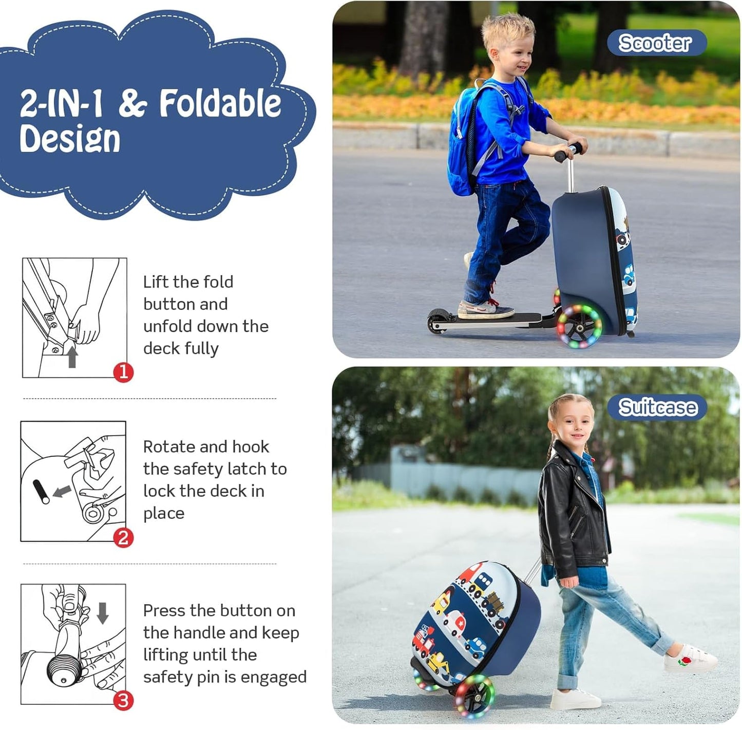Children's 2-in-1 ride-on scooter suitcase with LED wheels