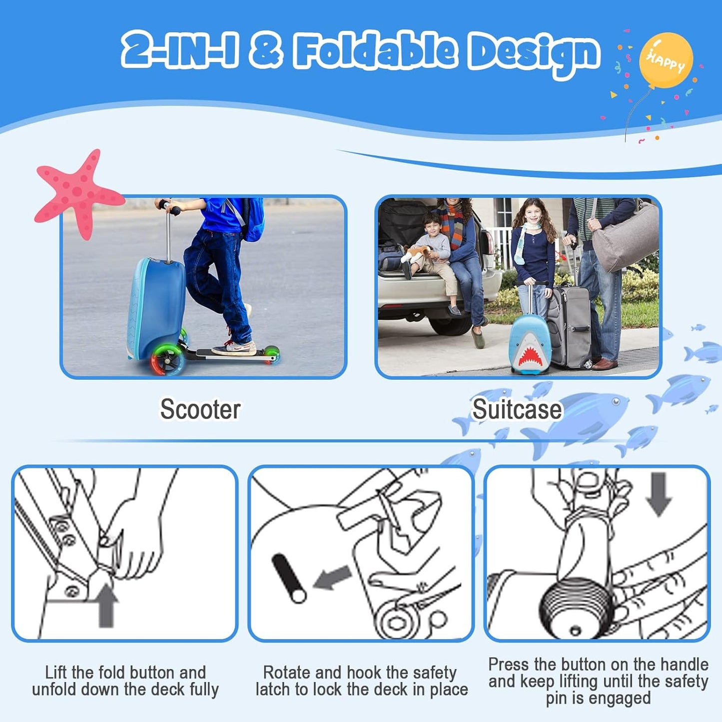 Children's 2-in-1 ride-on scooter suitcase with LED wheels