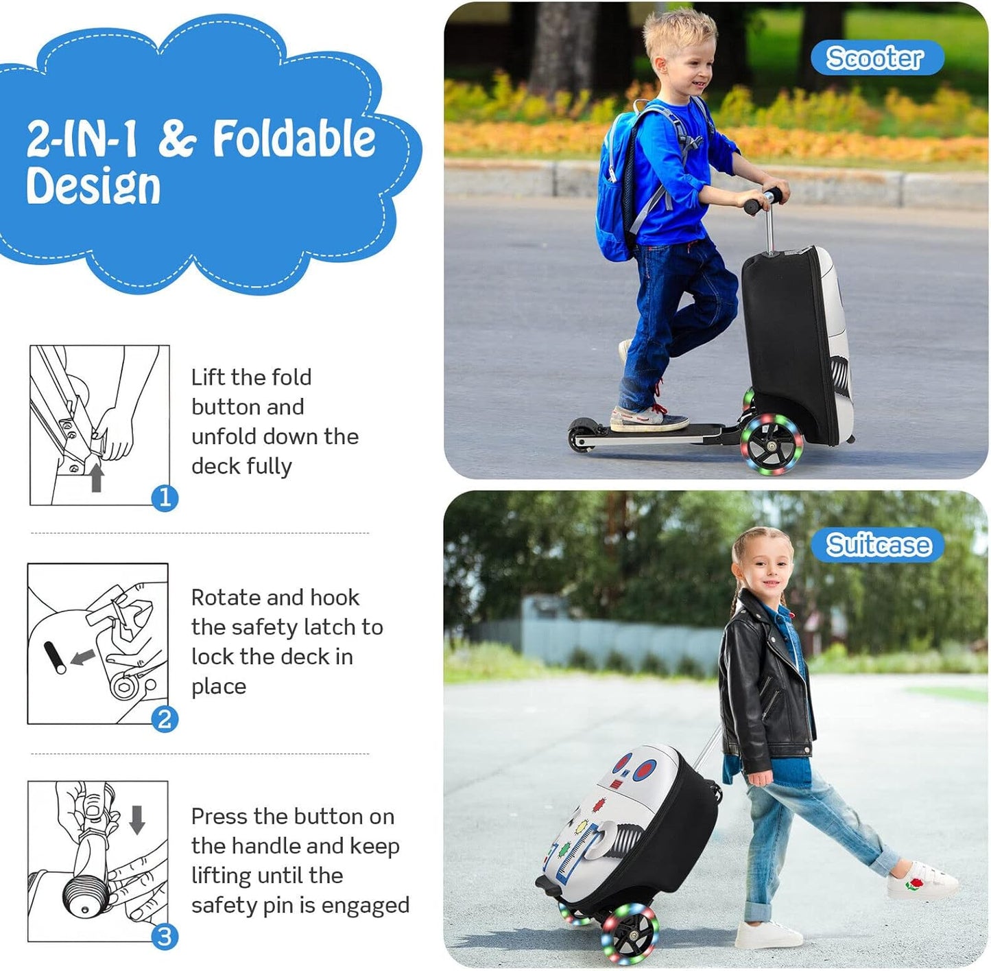 Children's 2-in-1 ride-on scooter suitcase with LED wheels