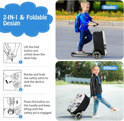 Children's 2-in-1 ride-on scooter suitcase with LED wheels
