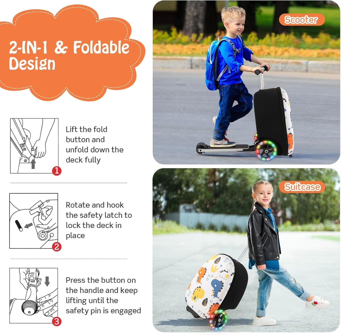 Children's 2-in-1 ride-on scooter suitcase with LED wheels