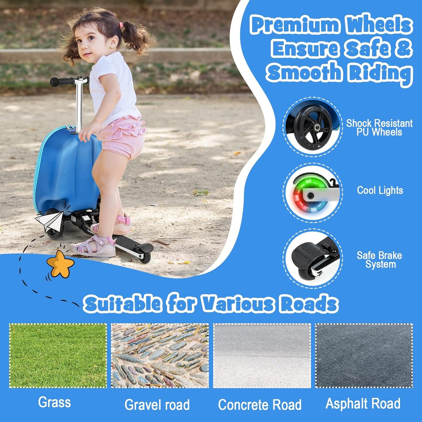 Children's 2-in-1 ride-on scooter suitcase with LED wheels