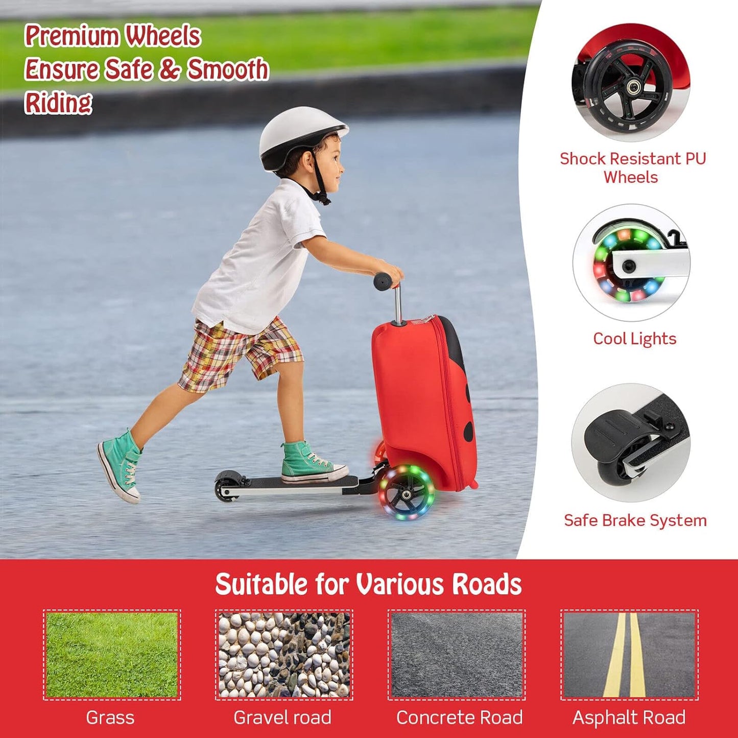 Children's 2-in-1 ride-on scooter suitcase with LED wheels
