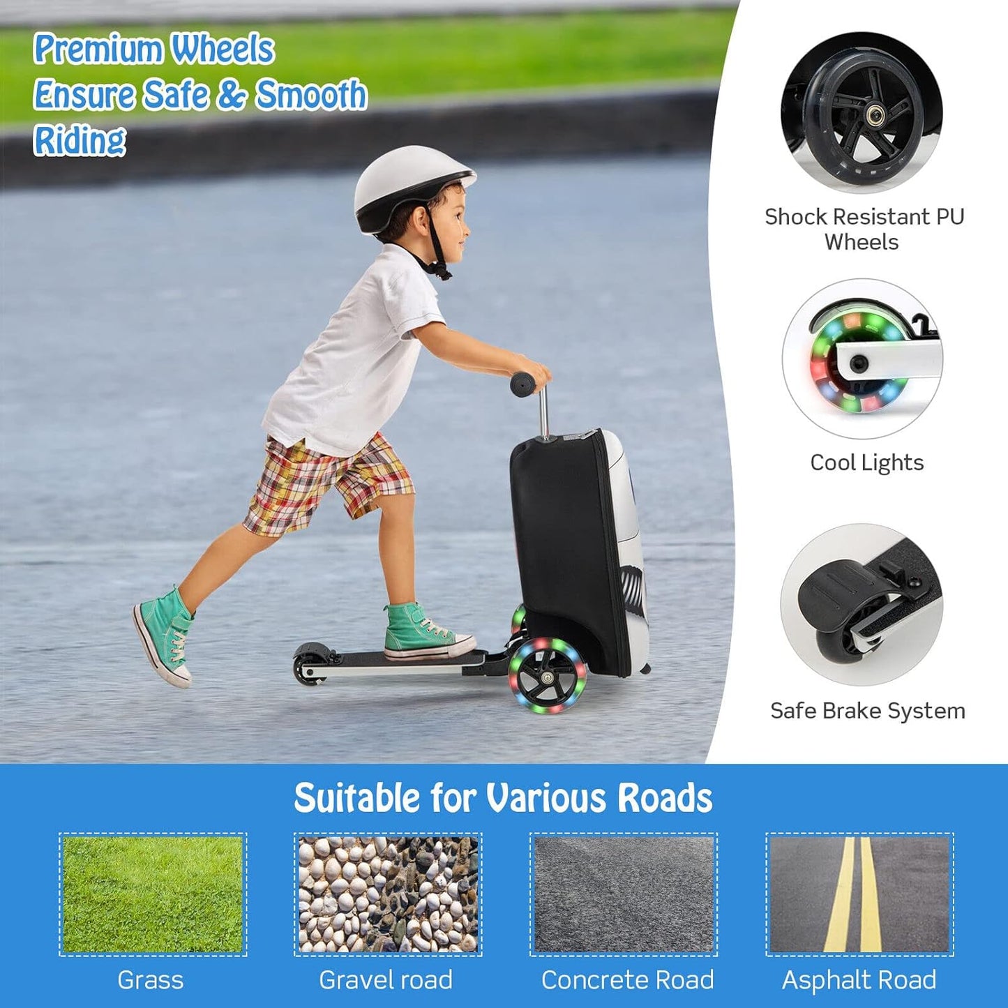 Children's 2-in-1 ride-on scooter suitcase with LED wheels