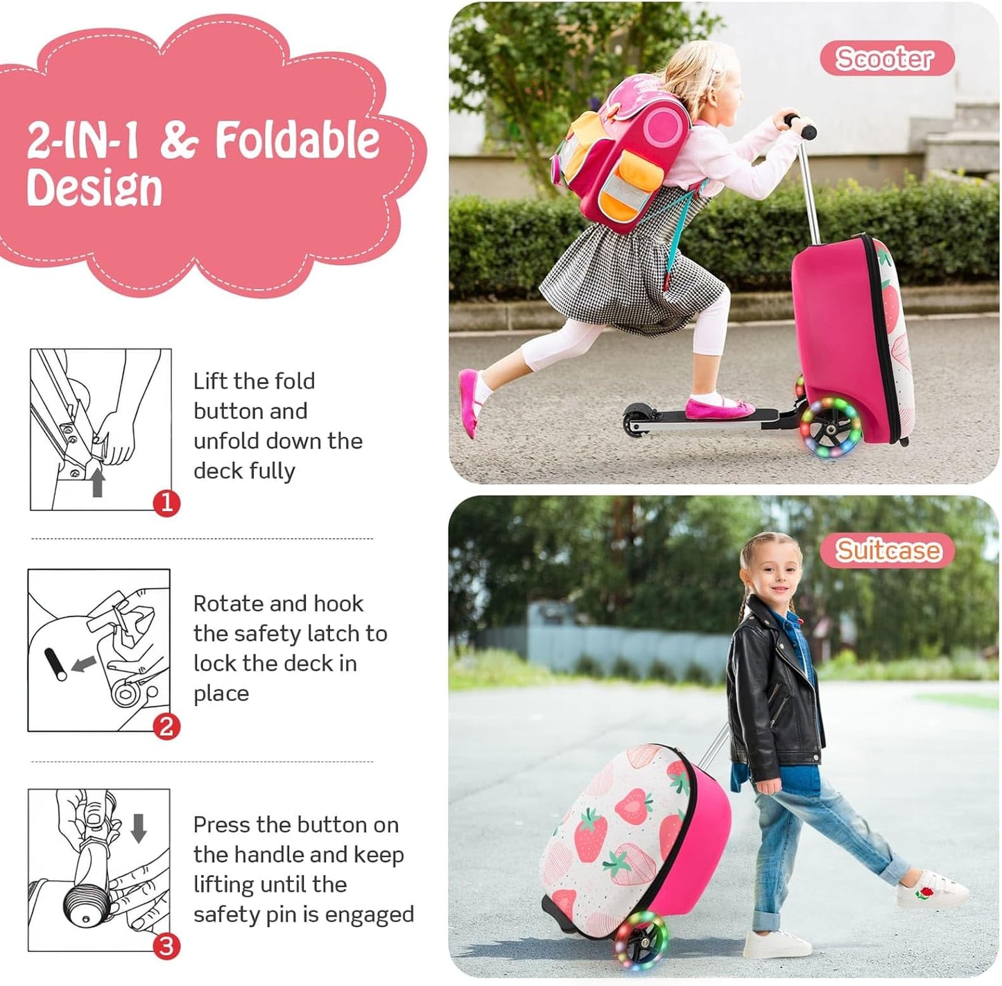 Children's 2-in-1 ride-on scooter suitcase with LED wheels