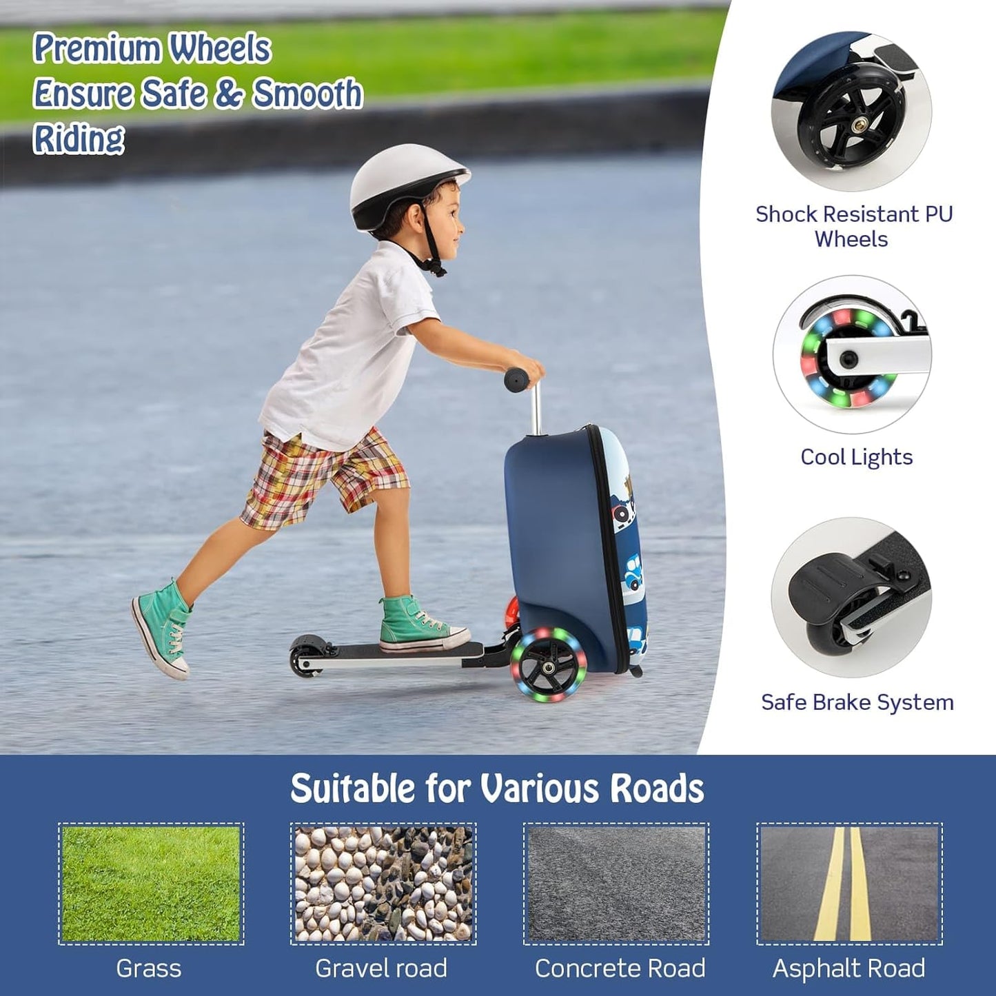 Children's 2-in-1 ride-on scooter suitcase with LED wheels