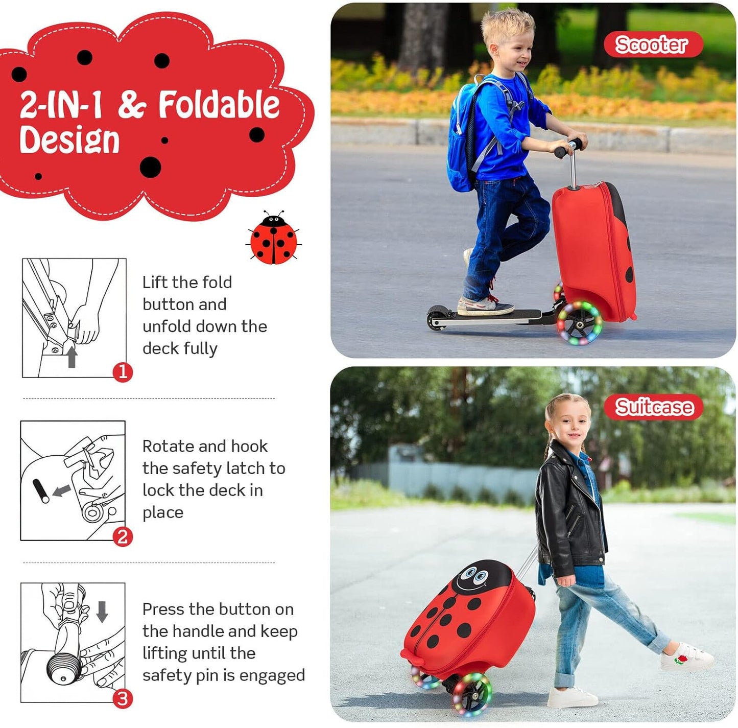 Children's 2-in-1 ride-on scooter suitcase with LED wheels