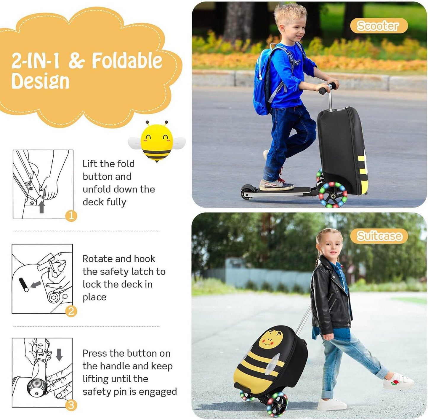 Children's 2-in-1 ride-on scooter suitcase with LED wheels
