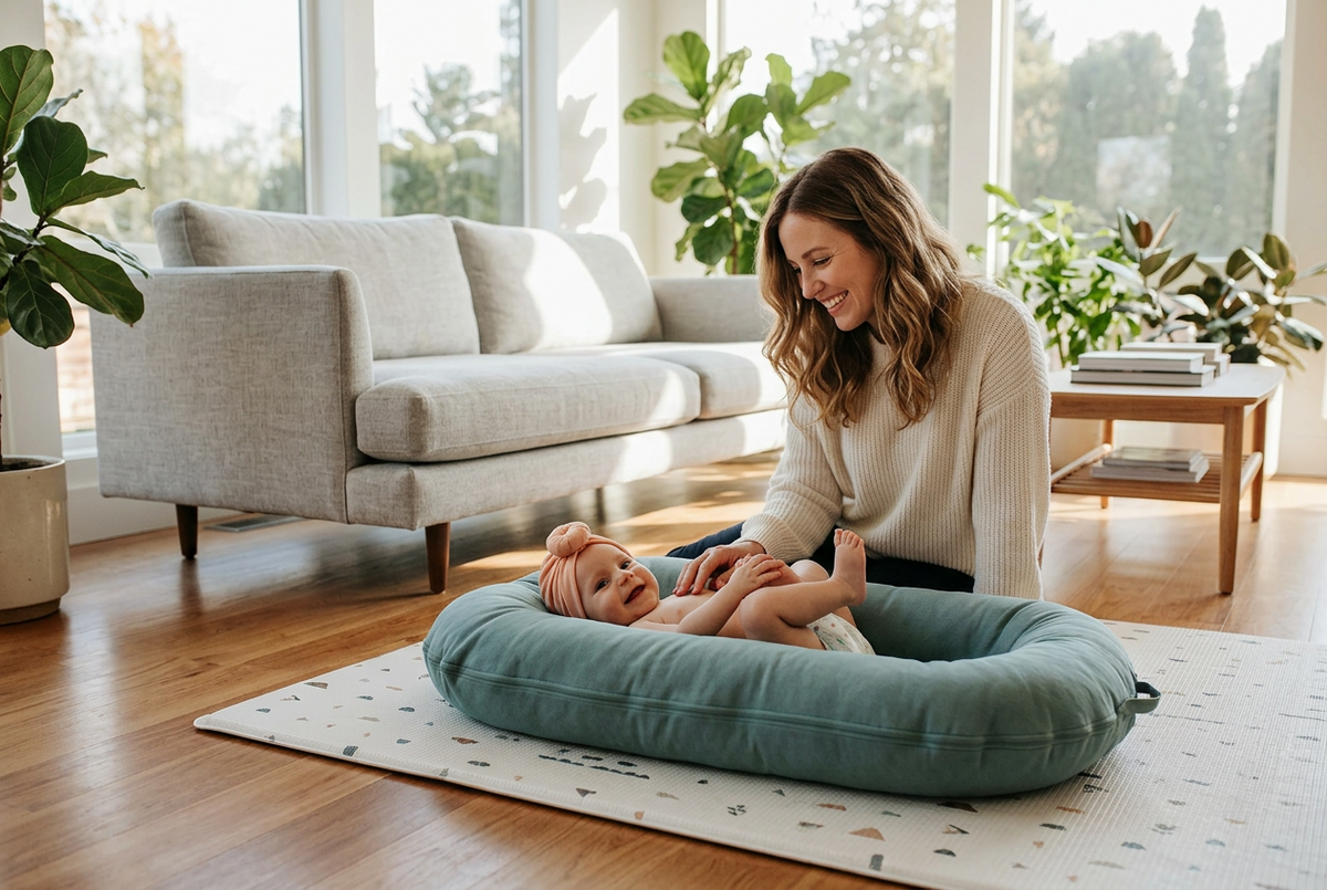 Smiling mother kneeling beside a baby lying in a teal nest lounger on a play mat 1