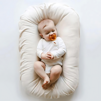 Sleeping baby with an orange dummy resting in a cream lounger, seen from above 6