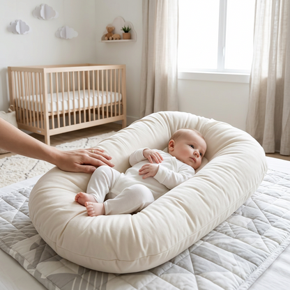 Cream lounger on a quilted play mat, a baby resting inside while an adult's hand steadies it near a cot 1
